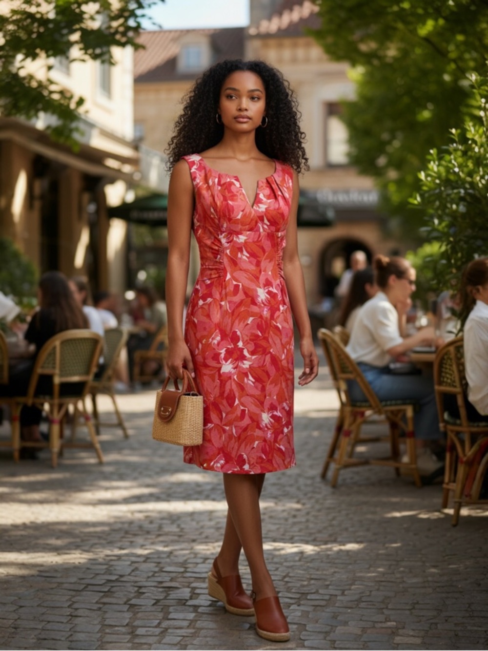 Adrianna Papell Coral Red Floral Midi Sheath Party Dress Size 12